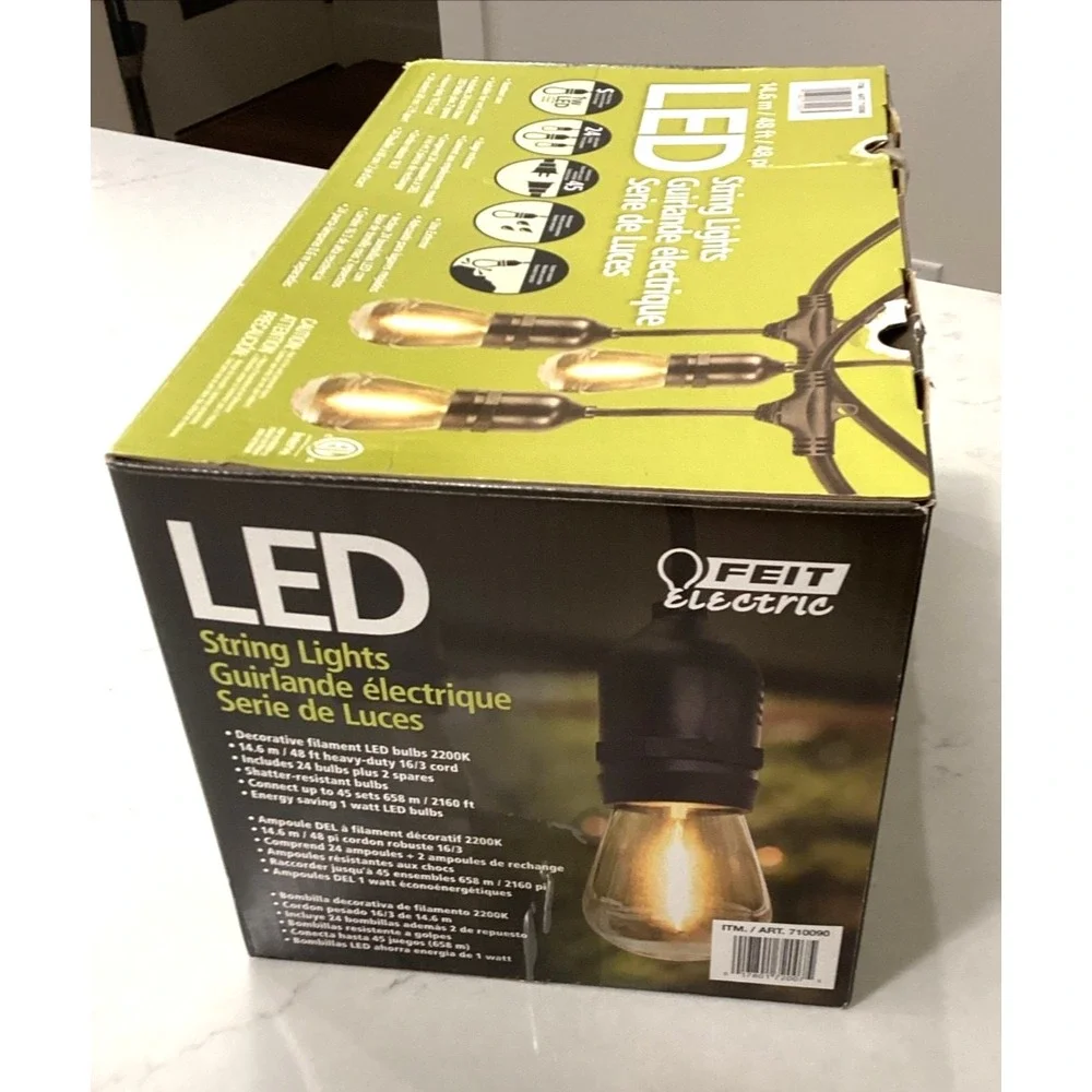Feit Electric  48ft LED String Light - Black 24 Sockets/ LED Bulbs New Open Box